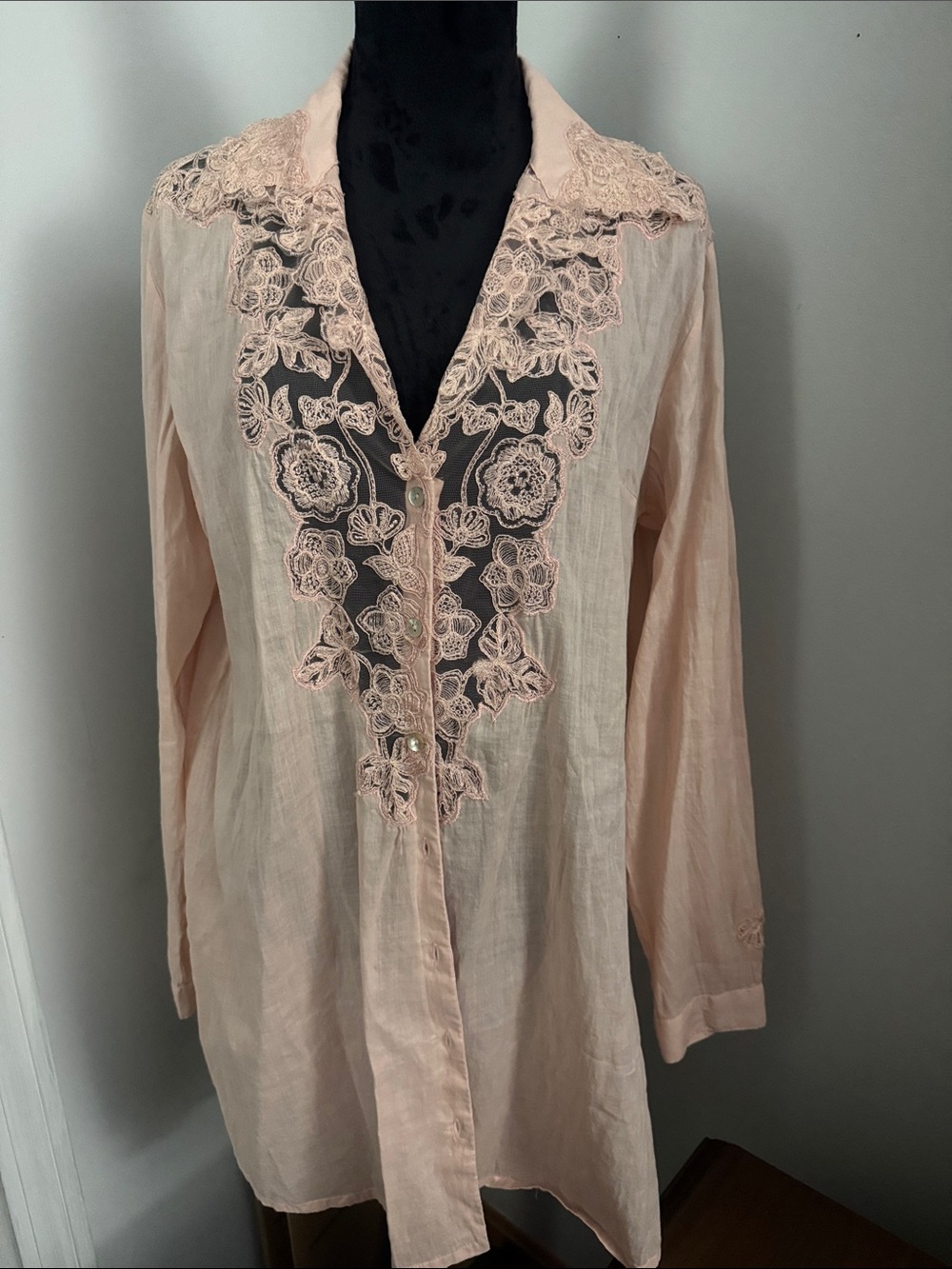 Soft Surroundings Blush Pink Embroidered V-Neck Button Front Blouse
